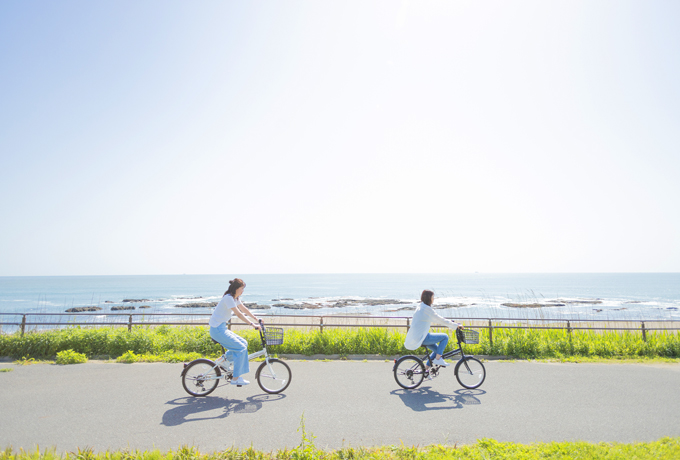海沿いを自転車で駆け抜ける二人